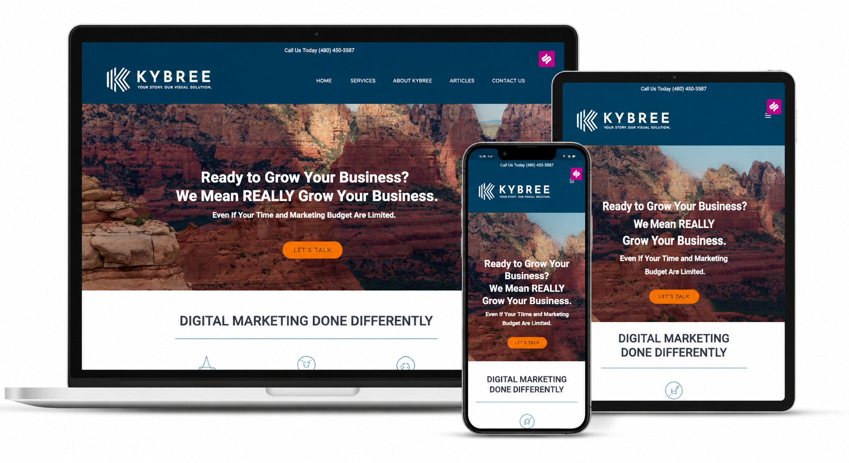 A KYBREE-built website shown responsively across desktop, tablet, and phone.